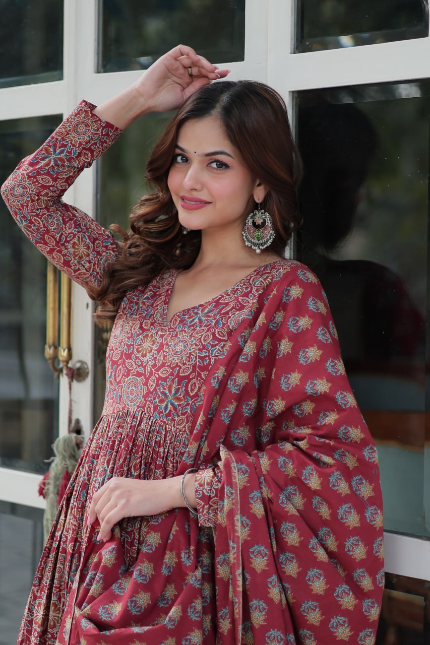 Maroon Elegant Pure Cotton Suit Set with Dupatta – Comfort Meets Style ClothsVilla