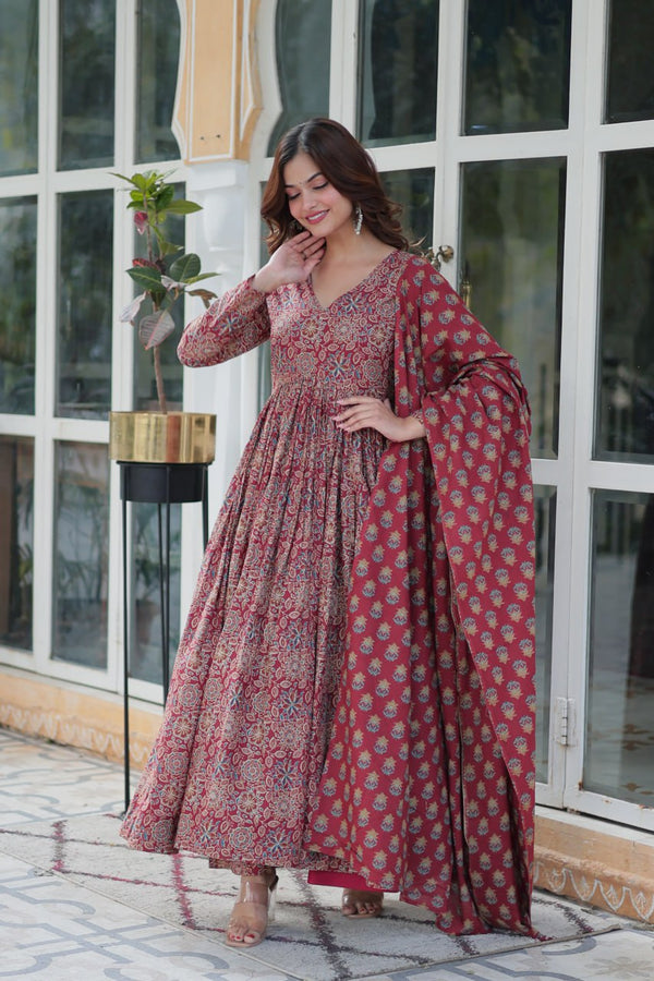 Maroon Elegant Pure Cotton Suit Set with Dupatta – Comfort Meets Style ClothsVilla