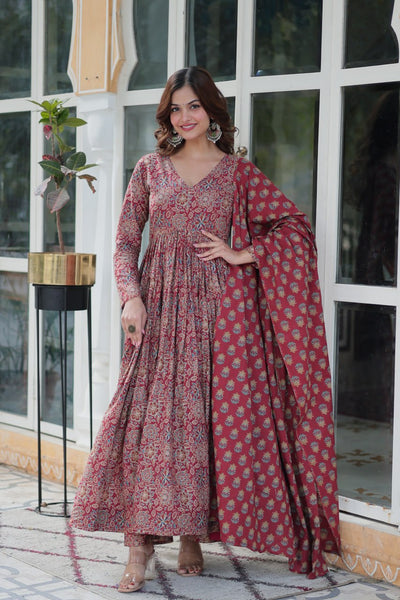 Maroon Printed Straight Pure Cotton Suit Set With Dupatta