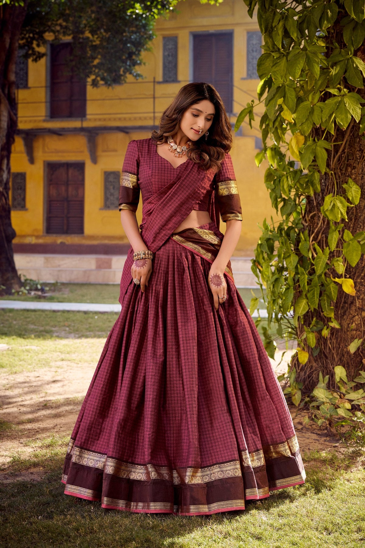 Maroon Elegant Stitched Chettinad Cotton Lehenga with Checks & Zari Weaving – Traditional Festive Wear Set ClothsVilla Main image