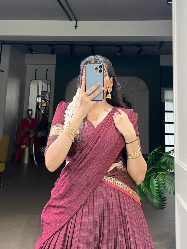 Maroon Elegant Stitched Chettinad Cotton Lehenga with Checks & Zari Weaving – Traditional Festive Wear Set ClothsVilla