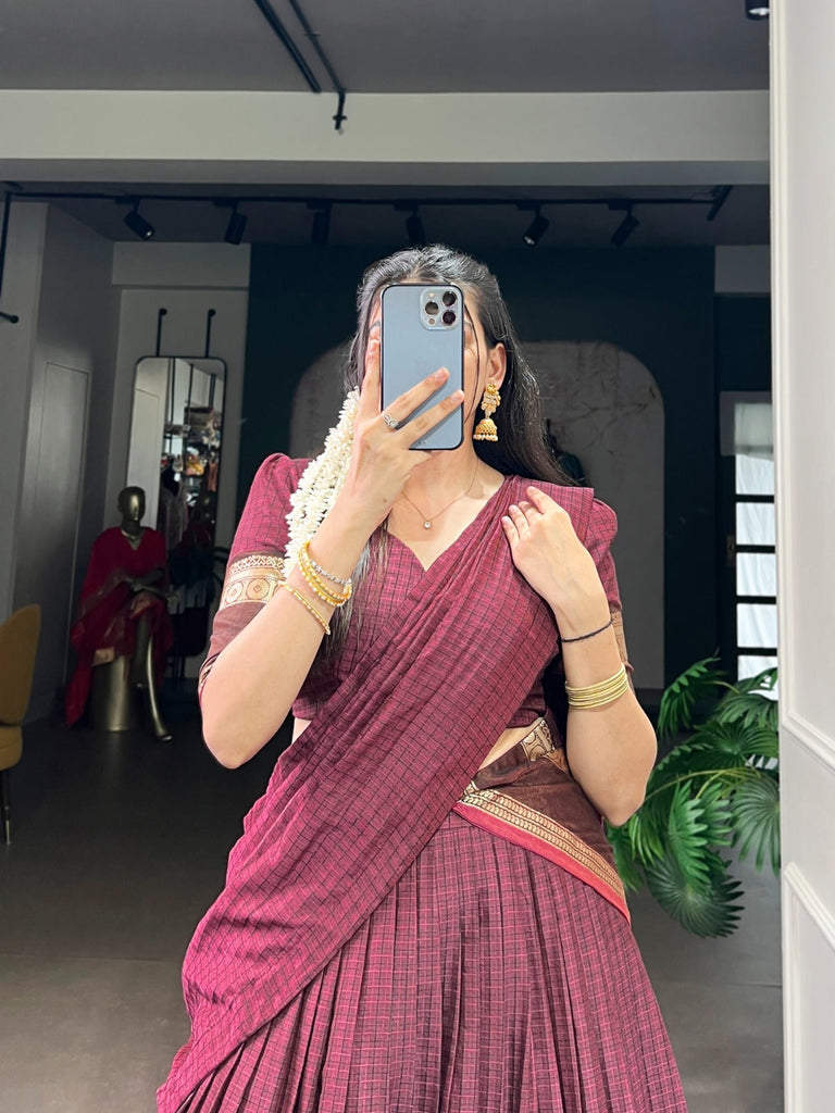 Maroon Elegant Stitched Chettinad Cotton Lehenga with Checks & Zari Weaving – Traditional Festive Wear Set ClothsVilla
