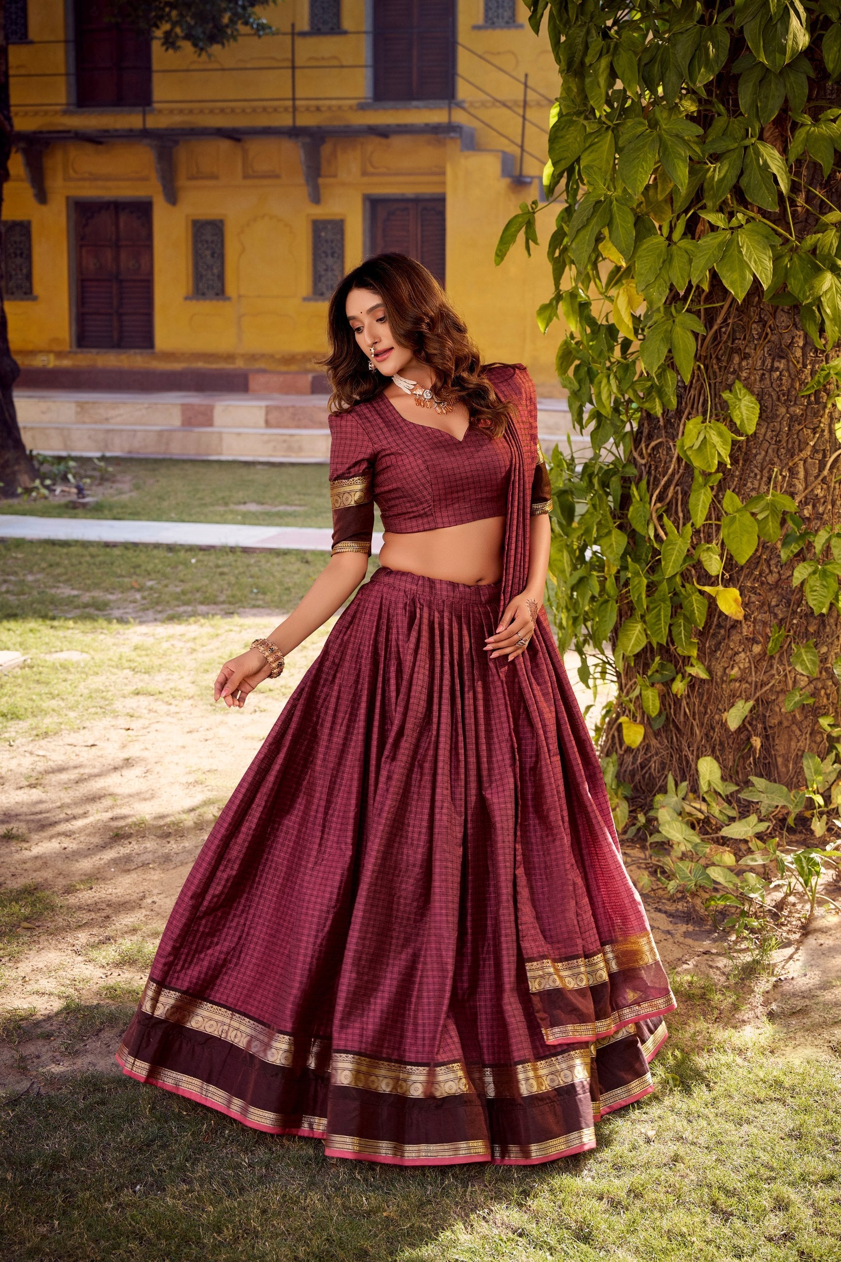Maroon Elegant Stitched Chettinad Cotton Lehenga with Checks & Zari Weaving – Traditional Festive Wear Set Secondary image