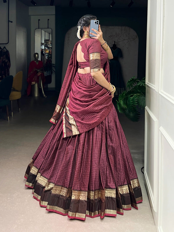 Maroon Elegant Stitched Chettinad Cotton Lehenga with Checks & Zari Weaving – Traditional Festive Wear Set ClothsVilla