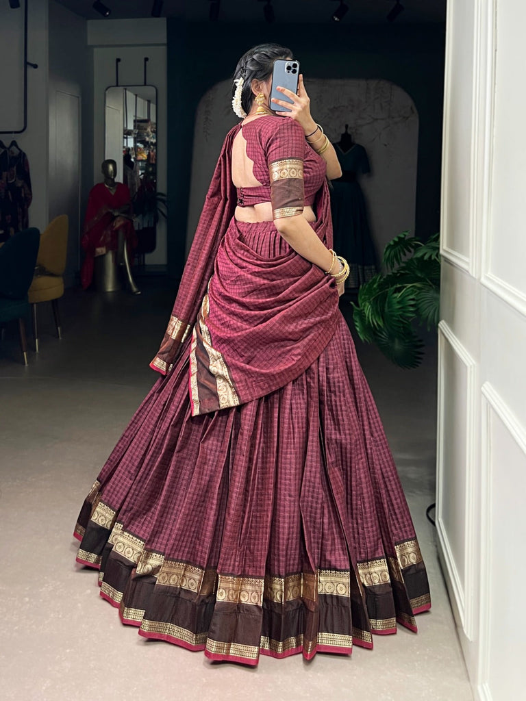 Maroon Elegant Stitched Chettinad Cotton Lehenga with Checks & Zari Weaving – Traditional Festive Wear Set ClothsVilla