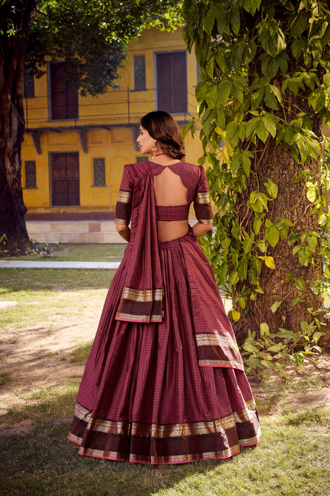 Maroon Elegant Stitched Chettinad Cotton Lehenga with Checks & Zari Weaving – Traditional Festive Wear Set ClothsVilla