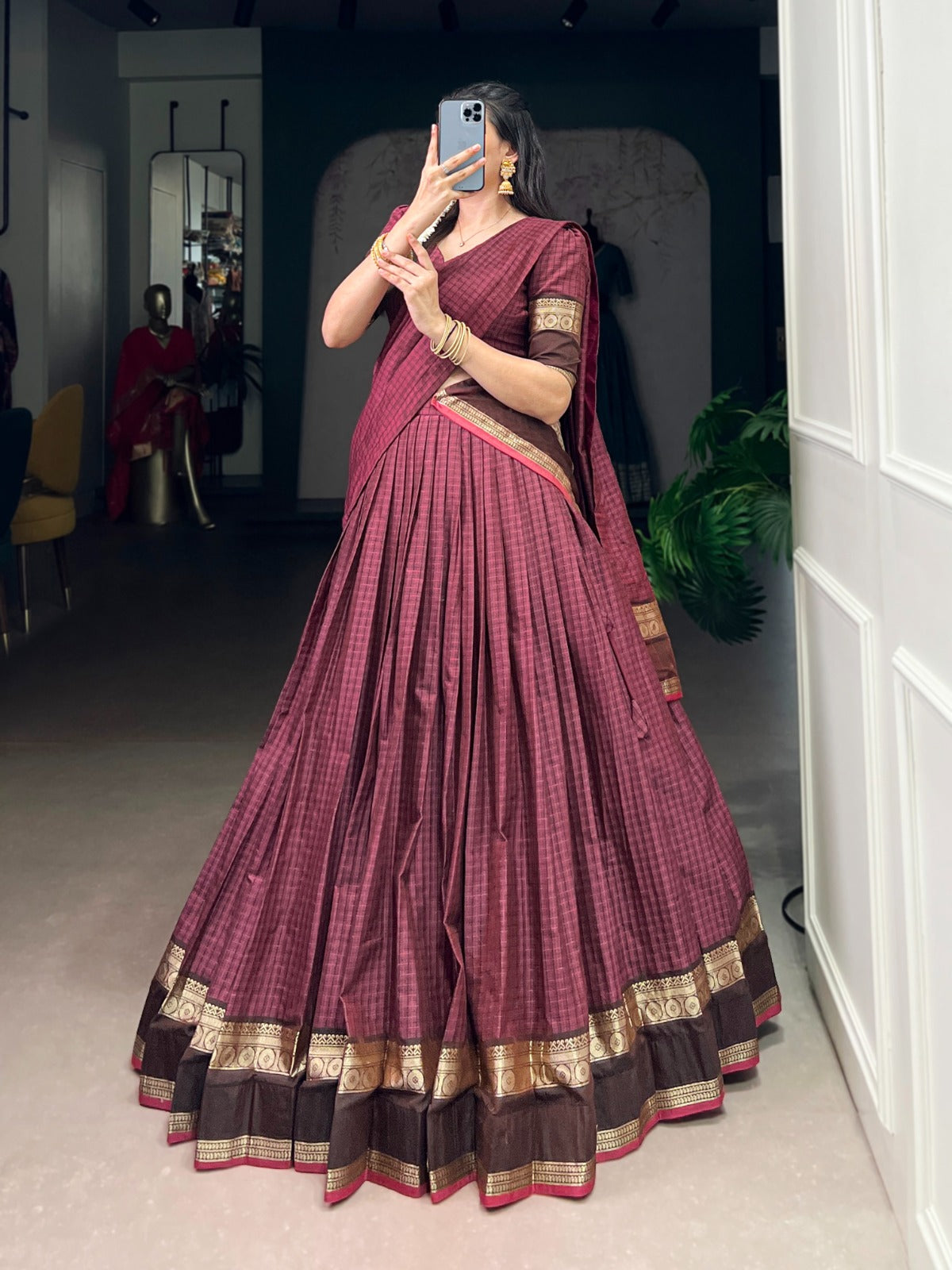Maroon Elegant Stitched Chettinad Cotton Lehenga with Checks & Zari Weaving – Traditional Festive Wear Set ClothsVilla