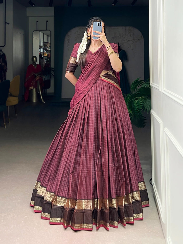 Maroon Elegant Stitched Chettinad Cotton Lehenga with Checks & Zari Weaving – Traditional Festive Wear Set ClothsVilla