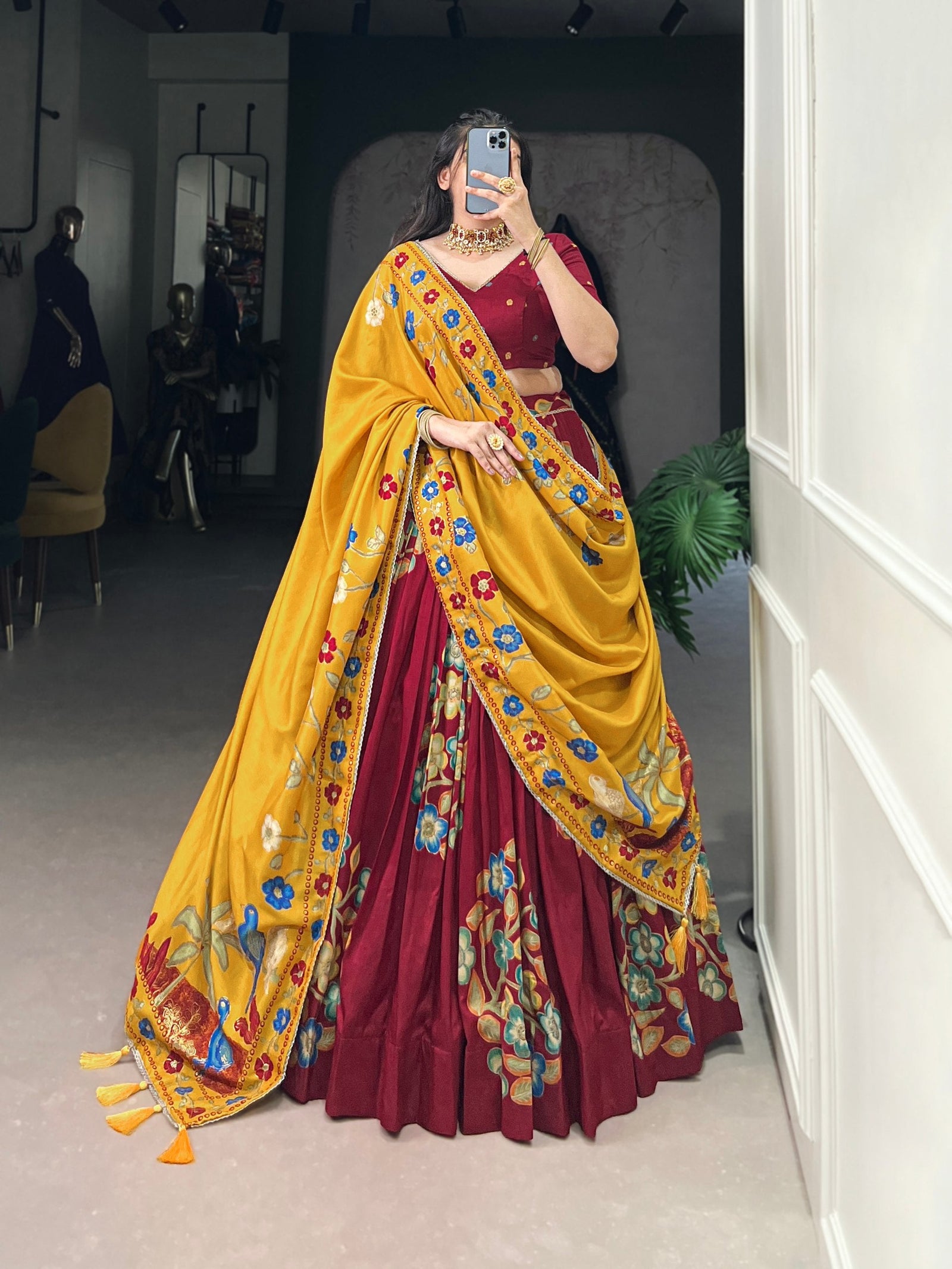 Maroon Elegant Tussar Silk Printed Lehenga Set with Foil Work & Gotta Patti Dupatta ClothsVilla
