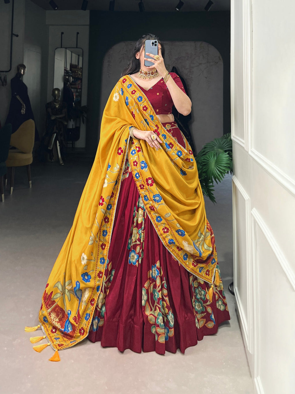 Maroon Elegant Tussar Silk Printed Lehenga Set with Foil Work & Gotta Patti Dupatta ClothsVilla