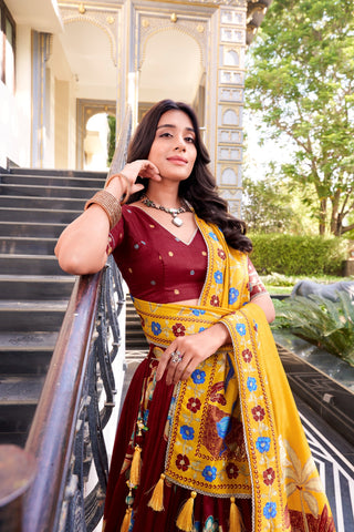 Maroon Elegant Tussar Silk Printed Lehenga Set with Foil Work & Gotta Patti Dupatta ClothsVilla