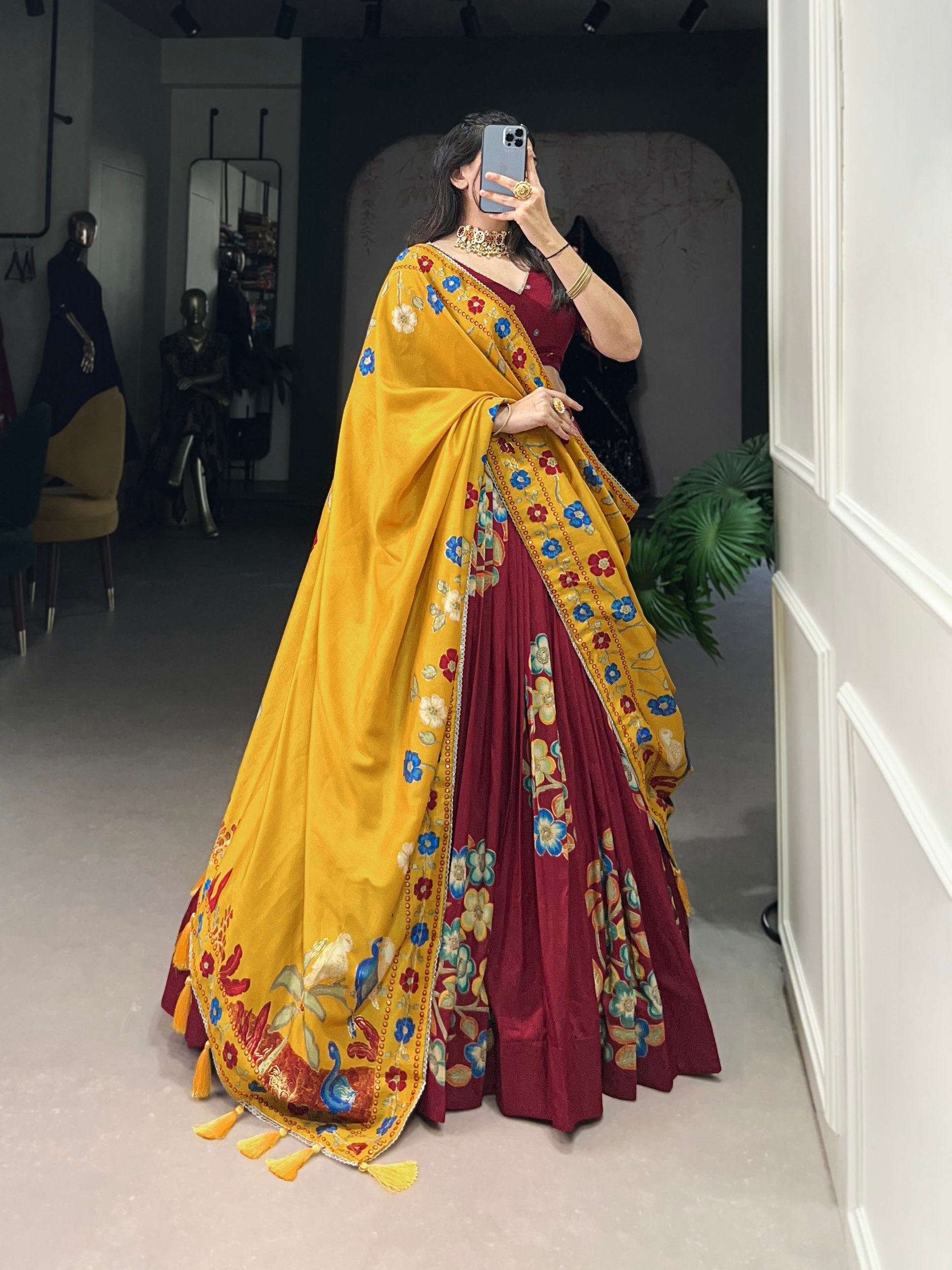 Maroon Elegant Tussar Silk Printed Lehenga Set with Foil Work & Gotta Patti Dupatta ClothsVilla