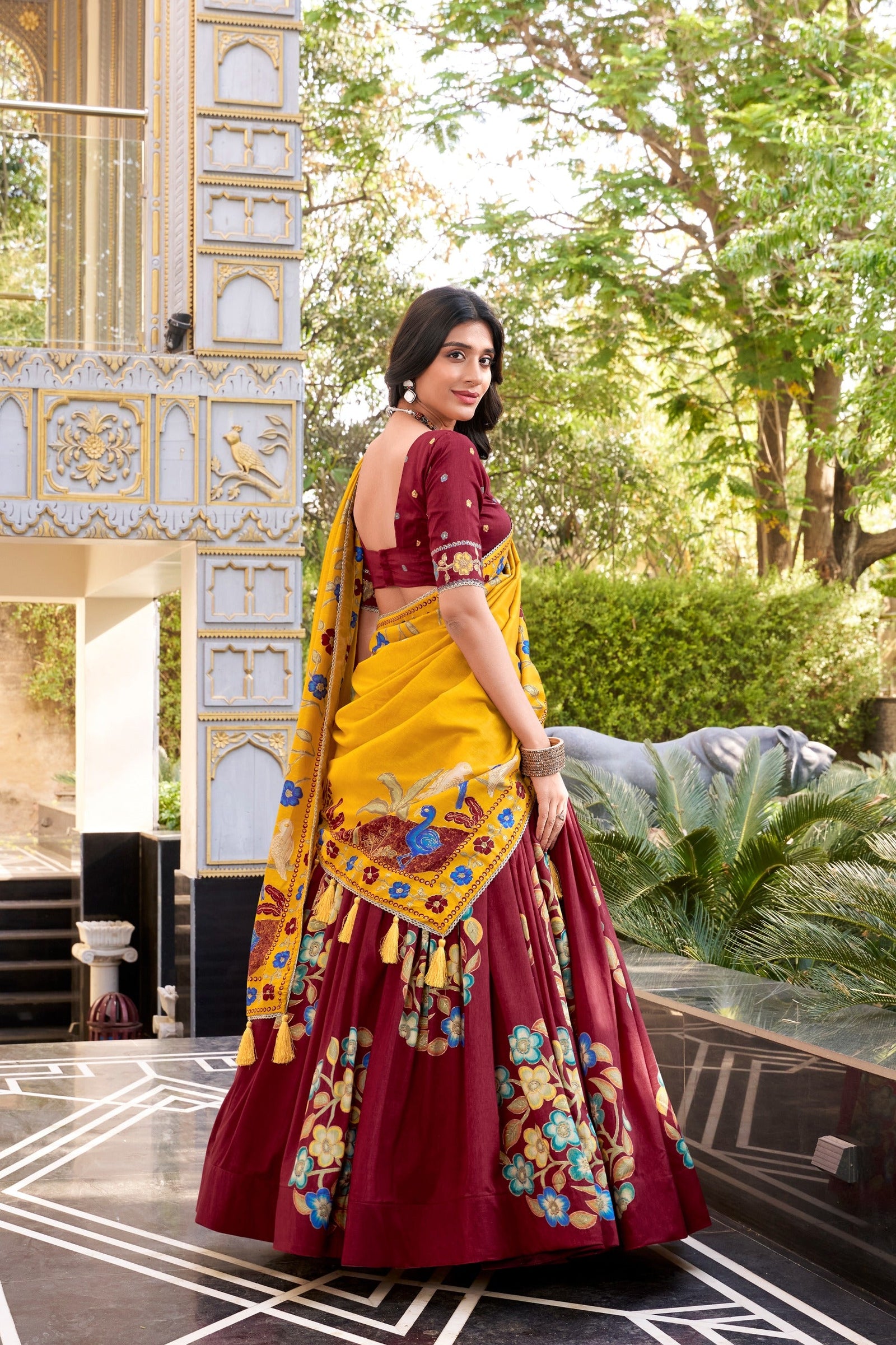 Maroon Elegant Tussar Silk Printed Lehenga Set with Foil Work & Gotta Patti Dupatta ClothsVilla