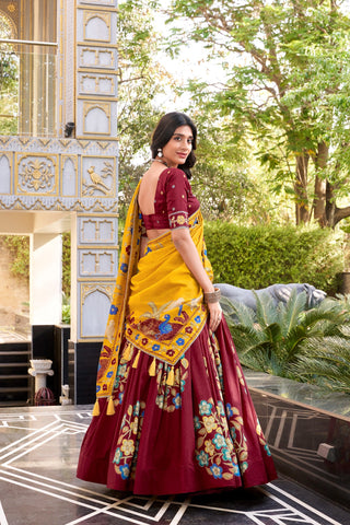 Maroon Elegant Tussar Silk Printed Lehenga Set with Foil Work & Gotta Patti Dupatta ClothsVilla