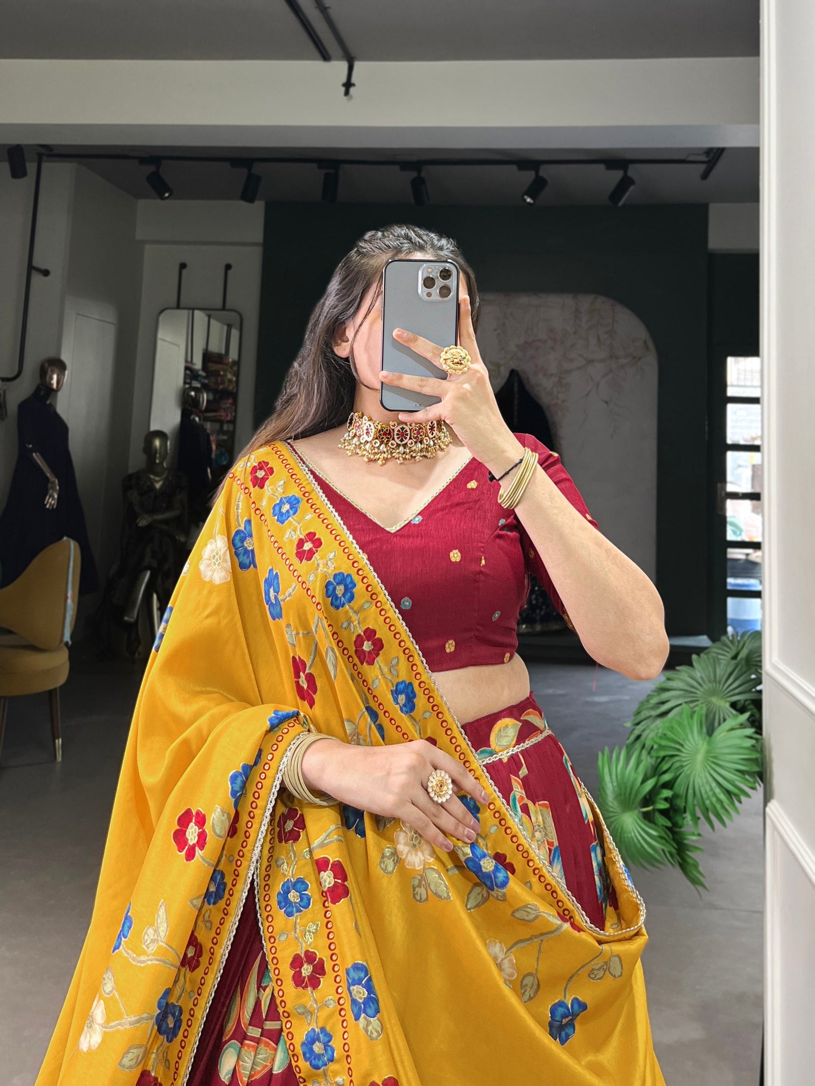 Maroon Elegant Tussar Silk Printed Lehenga Set with Foil Work & Gotta Patti Dupatta ClothsVilla