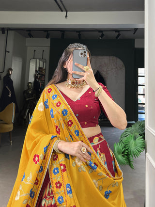 Maroon Elegant Tussar Silk Printed Lehenga Set with Foil Work & Gotta Patti Dupatta ClothsVilla