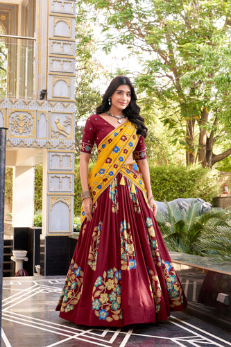 Maroon Elegant Tussar Silk Printed Lehenga Set with Foil Work & Gotta Patti Dupatta ClothsVilla