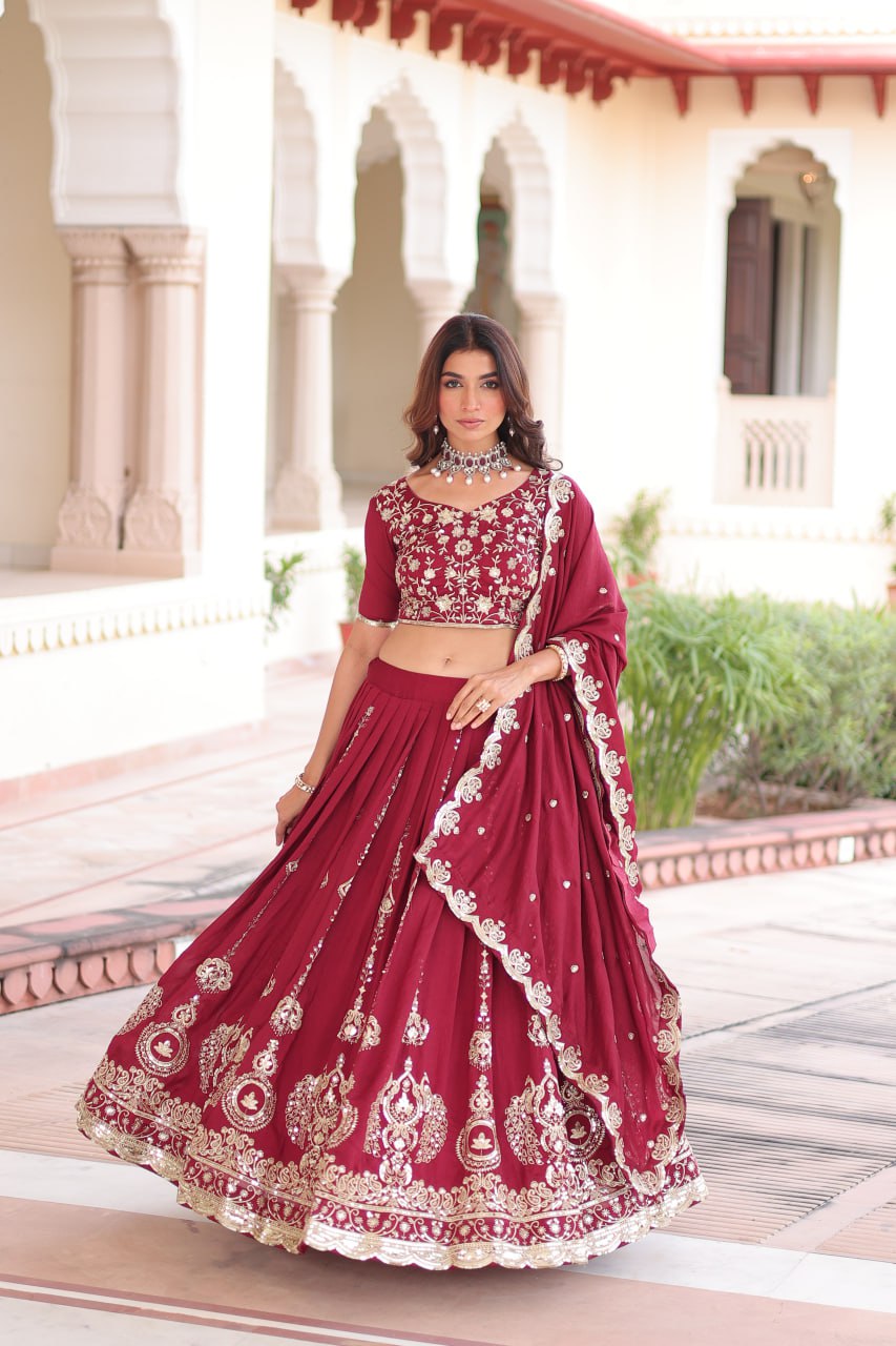 Maroon Elegant Vichitra Silk Full-Stitched Lehenga Choli Set with Heavy Sequins & Thread Embroidery, Unstitched Blouse & Designer Embroidered Dupatta ClothsVilla