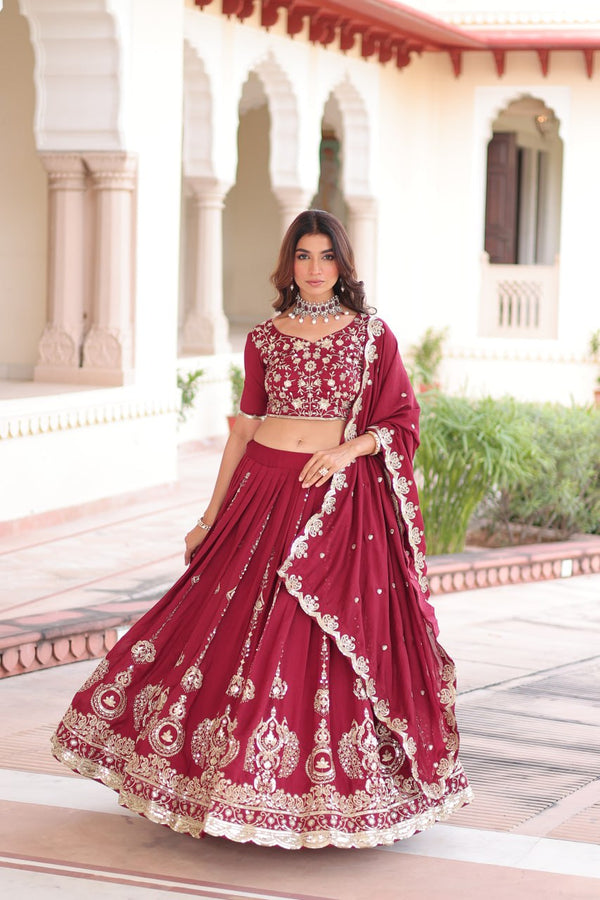 Maroon Elegant Vichitra Silk Full-Stitched Lehenga Choli Set with Heavy Sequins & Thread Embroidery, Unstitched Blouse & Designer Embroidered Dupatta ClothsVilla