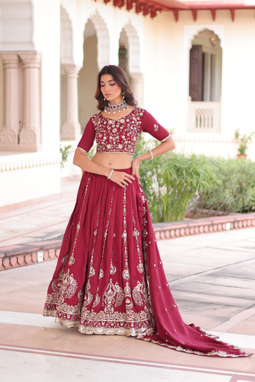 Maroon Elegant Vichitra Silk Full-Stitched Lehenga Choli Set with Heavy Sequins & Thread Embroidery, Unstitched Blouse & Designer Embroidered Dupatta ClothsVilla