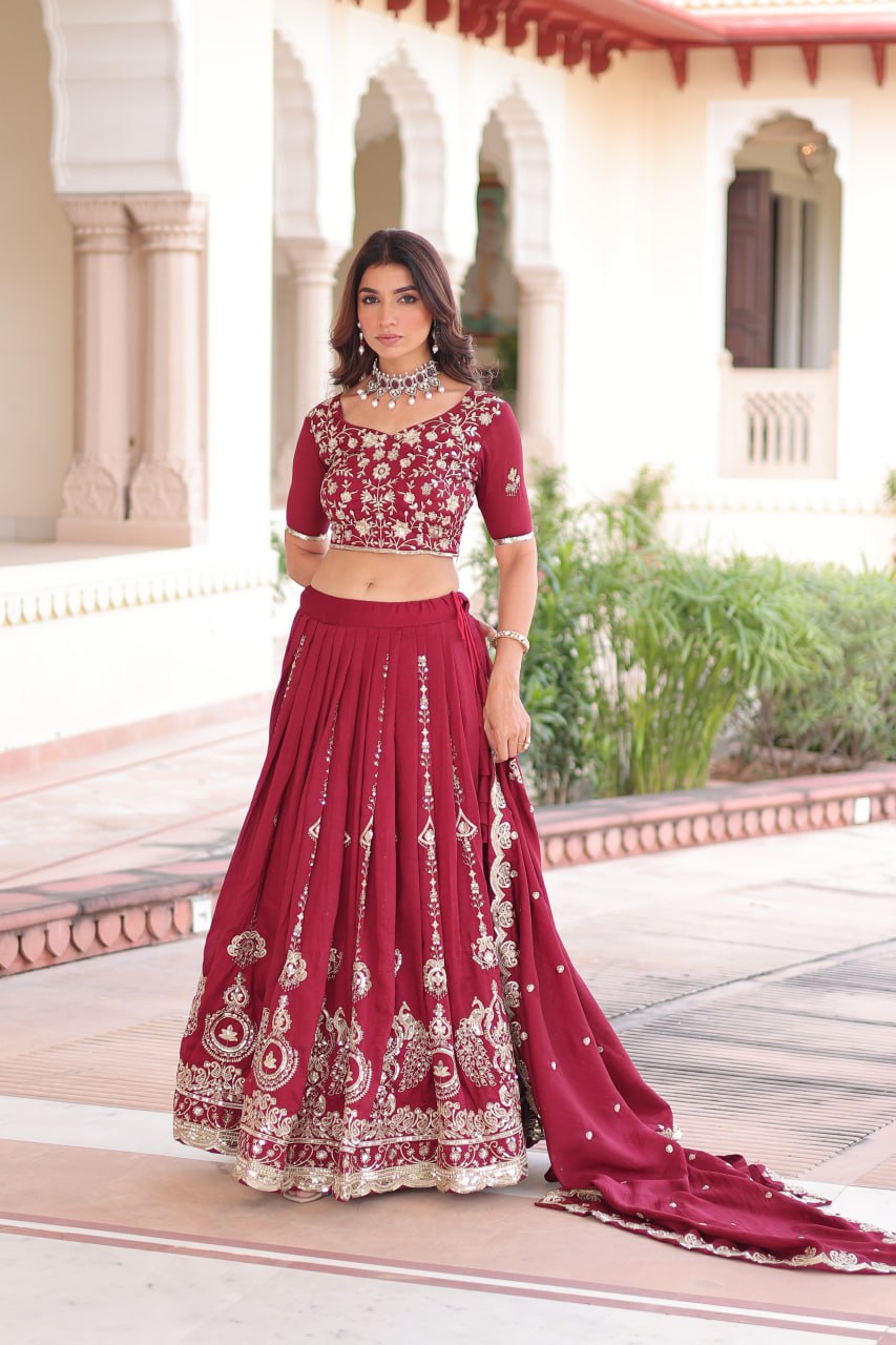 Maroon Elegant Vichitra Silk Full-Stitched Lehenga Choli Set with Heavy Sequins & Thread Embroidery, Unstitched Blouse & Designer Embroidered Dupatta ClothsVilla
