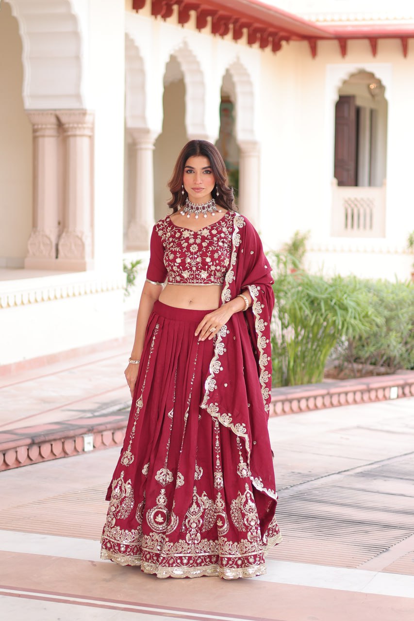 Maroon Elegant Vichitra Silk Full-Stitched Lehenga Choli Set with Heavy Sequins & Thread Embroidery, Unstitched Blouse & Designer Embroidered Dupatta ClothsVilla