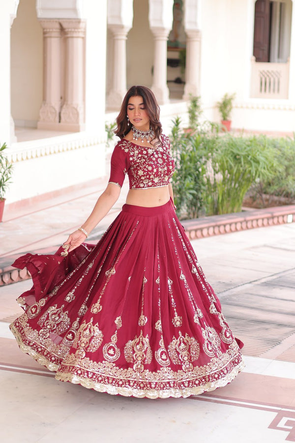 Maroon Elegant Vichitra Silk Full-Stitched Lehenga Choli Set with Heavy Sequins & Thread Embroidery, Unstitched Blouse & Designer Embroidered Dupatta ClothsVilla