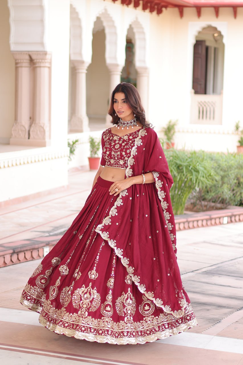 Maroon Elegant Vichitra Silk Full-Stitched Lehenga Choli Set with Heavy Sequins & Thread Embroidery, Unstitched Blouse & Designer Embroidered Dupatta ClothsVilla