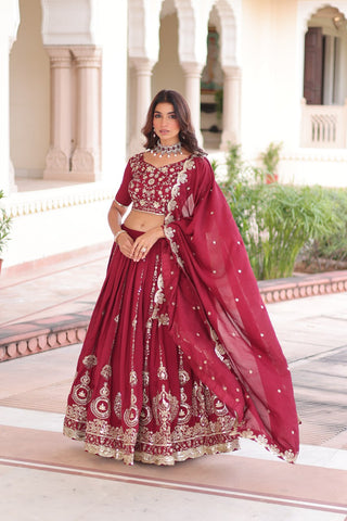 Maroon Elegant Vichitra Silk Full-Stitched Lehenga Choli Set with Heavy Sequins & Thread Embroidery, Unstitched Blouse & Designer Embroidered Dupatta ClothsVilla