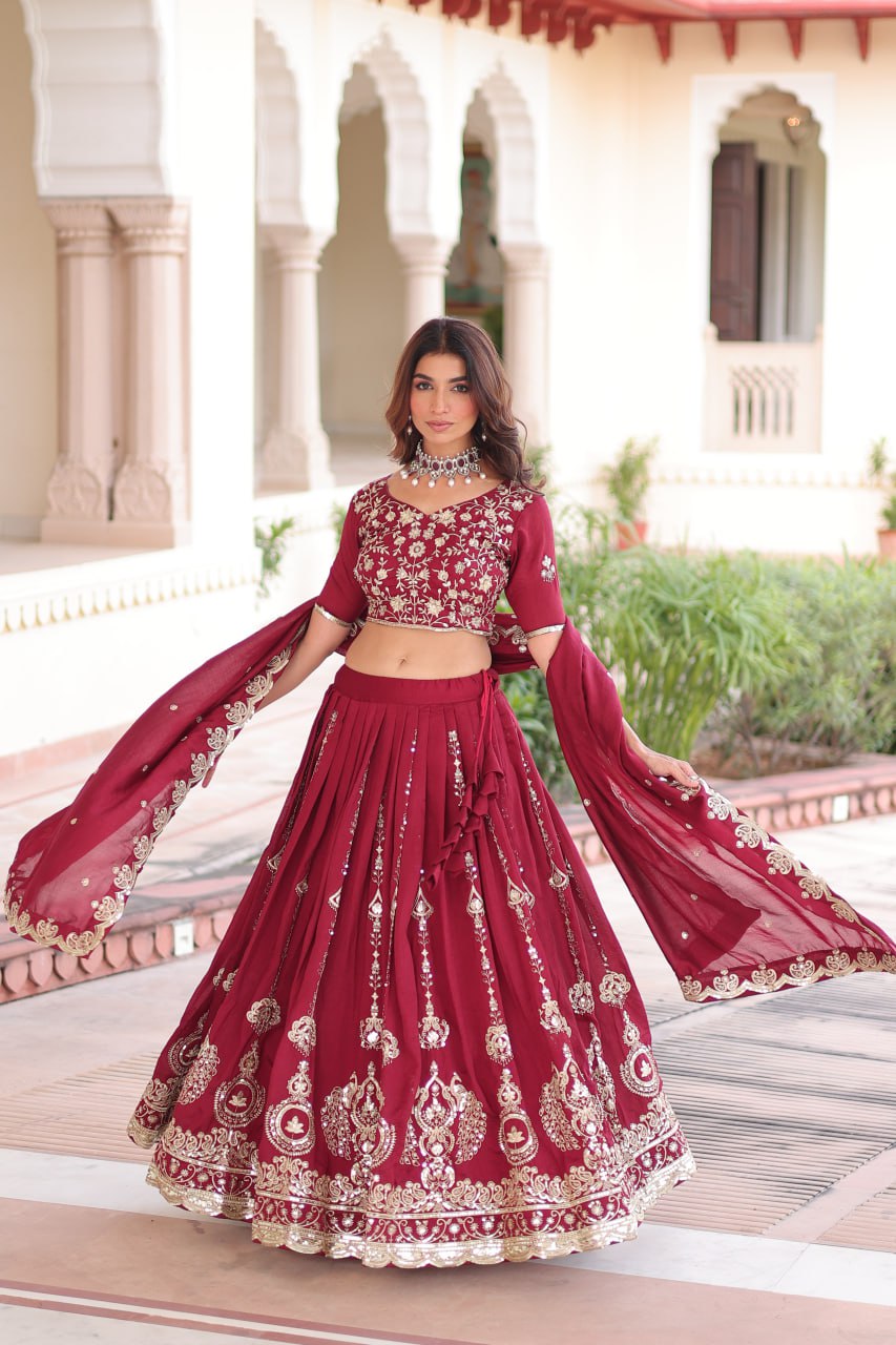 Maroon Elegant Vichitra Silk Full-Stitched Lehenga Choli Set with Heavy Sequins & Thread Embroidery, Unstitched Blouse & Designer Embroidered Dupatta ClothsVilla