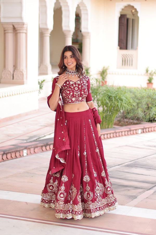 Maroon Elegant Vichitra Silk Full-Stitched Lehenga Choli Set with Heavy Sequins & Thread Embroidery, Unstitched Blouse & Designer Embroidered Dupatta ClothsVilla