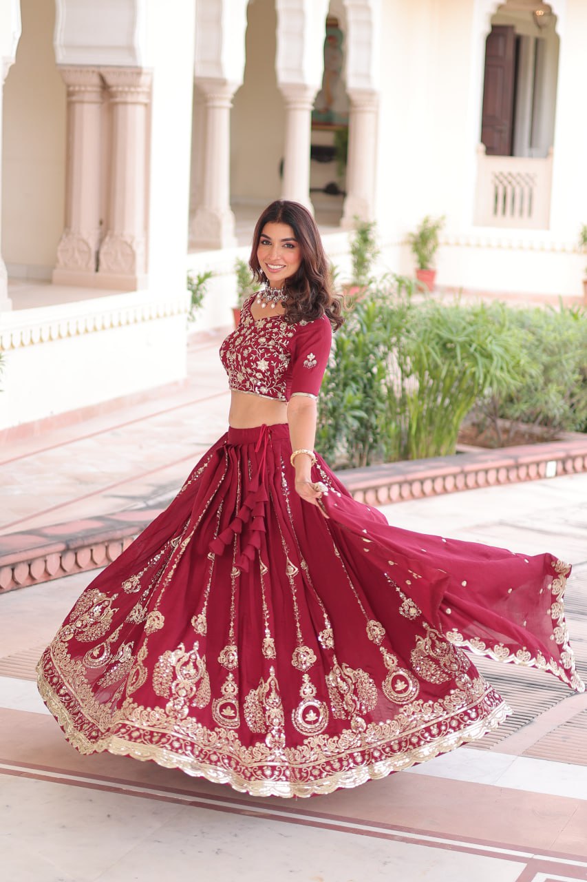 Maroon Elegant Vichitra Silk Full-Stitched Lehenga Choli Set with Heavy Sequins & Thread Embroidery, Unstitched Blouse & Designer Embroidered Dupatta ClothsVilla