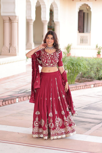 Maroon Elegant Vichitra Silk Full-Stitched Lehenga Choli Set with Heavy Sequins & Thread Embroidery, Unstitched Blouse & Designer Embroidered Dupatta ClothsVilla