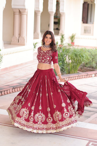 Maroon Elegant Vichitra Silk Full-Stitched Lehenga Choli Set with Heavy Sequins & Thread Embroidery, Unstitched Blouse & Designer Embroidered Dupatta ClothsVilla