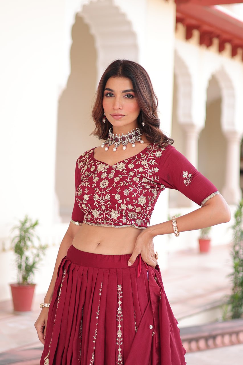 Maroon Elegant Vichitra Silk Full-Stitched Lehenga Choli Set with Heavy Sequins & Thread Embroidery, Unstitched Blouse & Designer Embroidered Dupatta ClothsVilla