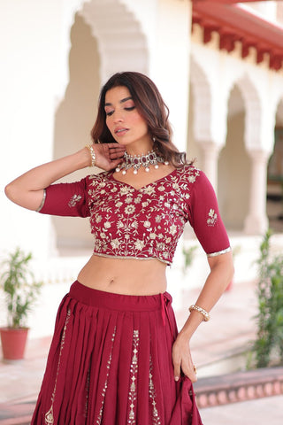 Maroon Elegant Vichitra Silk Full-Stitched Lehenga Choli Set with Heavy Sequins & Thread Embroidery, Unstitched Blouse & Designer Embroidered Dupatta ClothsVilla
