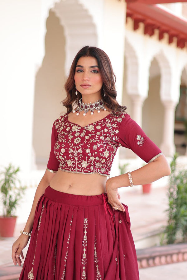 Maroon Elegant Vichitra Silk Full-Stitched Lehenga Choli Set with Heavy Sequins & Thread Embroidery, Unstitched Blouse & Designer Embroidered Dupatta ClothsVilla