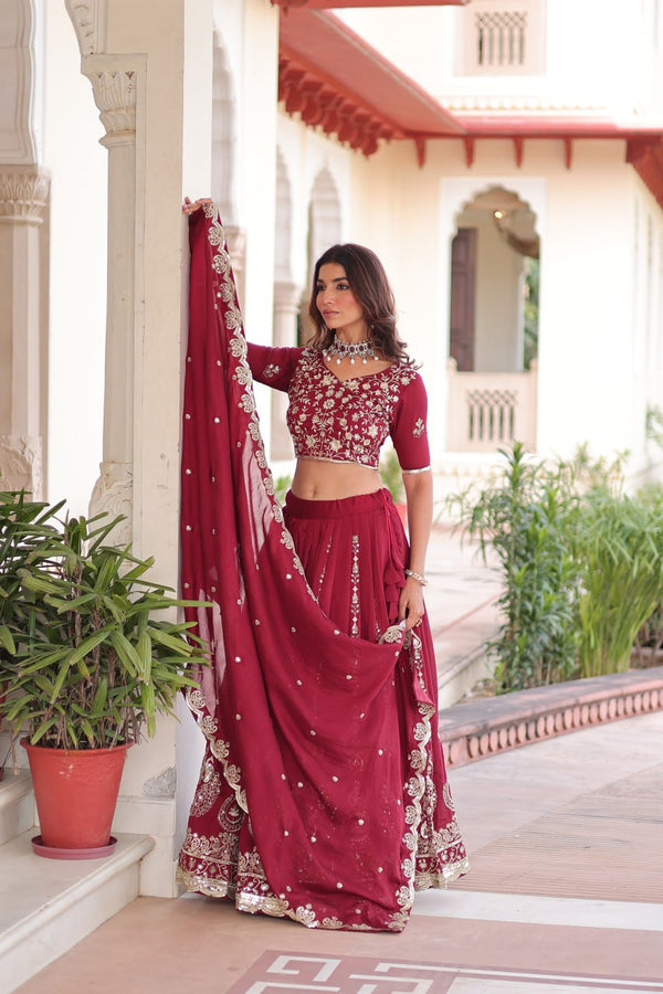 Maroon Elegant Vichitra Silk Full-Stitched Lehenga Choli Set with Heavy Sequins & Thread Embroidery, Unstitched Blouse & Designer Embroidered Dupatta ClothsVilla