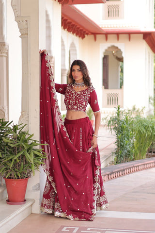 Maroon Elegant Vichitra Silk Full-Stitched Lehenga Choli Set with Heavy Sequins & Thread Embroidery, Unstitched Blouse & Designer Embroidered Dupatta ClothsVilla