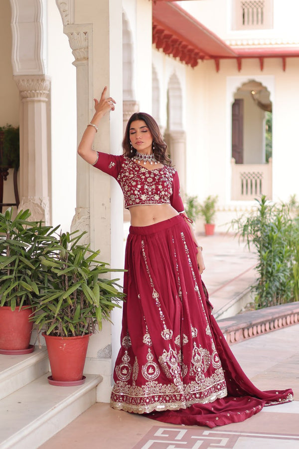 Maroon Elegant Vichitra Silk Full-Stitched Lehenga Choli Set with Heavy Sequins & Thread Embroidery, Unstitched Blouse & Designer Embroidered Dupatta ClothsVilla