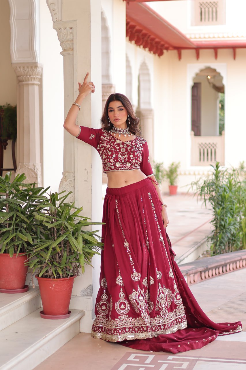 Maroon Elegant Vichitra Silk Full-Stitched Lehenga Choli Set with Heavy Sequins & Thread Embroidery, Unstitched Blouse & Designer Embroidered Dupatta ClothsVilla