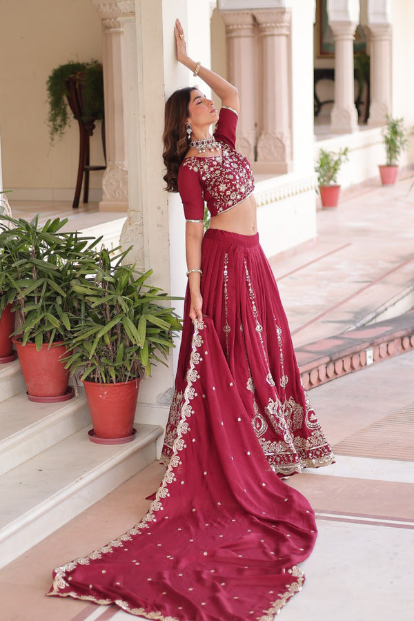 Maroon Elegant Vichitra Silk Full-Stitched Lehenga Choli Set with Heavy Sequins & Thread Embroidery, Unstitched Blouse & Designer Embroidered Dupatta ClothsVilla