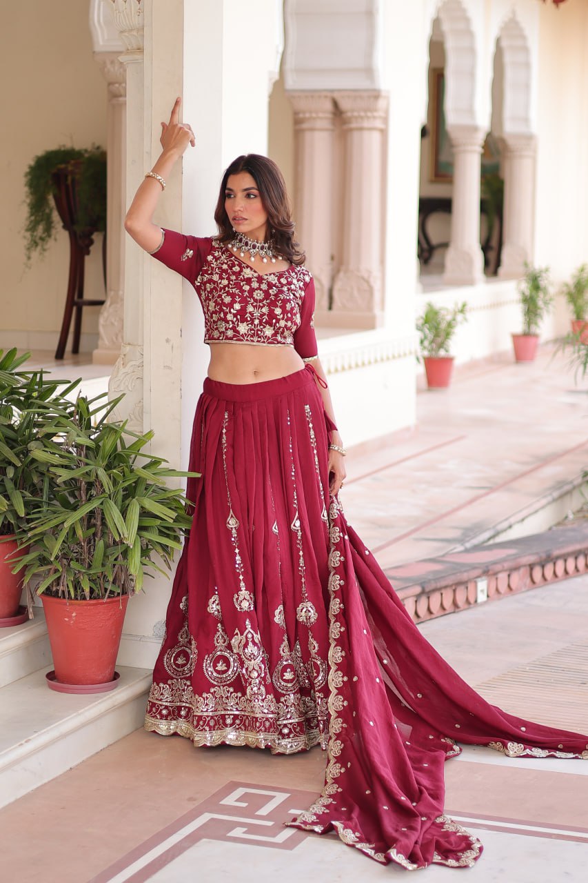 Maroon Elegant Vichitra Silk Full-Stitched Lehenga Choli Set with Heavy Sequins & Thread Embroidery, Unstitched Blouse & Designer Embroidered Dupatta ClothsVilla
