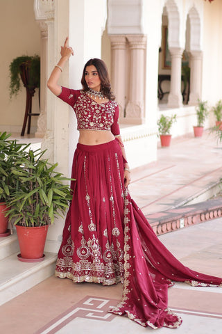 Maroon Elegant Vichitra Silk Full-Stitched Lehenga Choli Set with Heavy Sequins & Thread Embroidery, Unstitched Blouse & Designer Embroidered Dupatta ClothsVilla