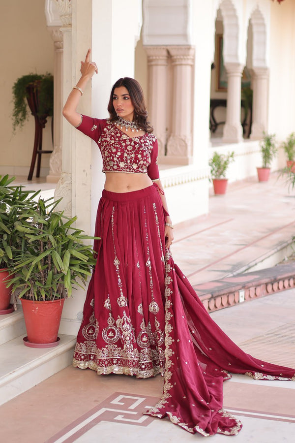 Maroon Elegant Vichitra Silk Full-Stitched Lehenga Choli Set with Heavy Sequins & Thread Embroidery, Unstitched Blouse & Designer Embroidered Dupatta ClothsVilla