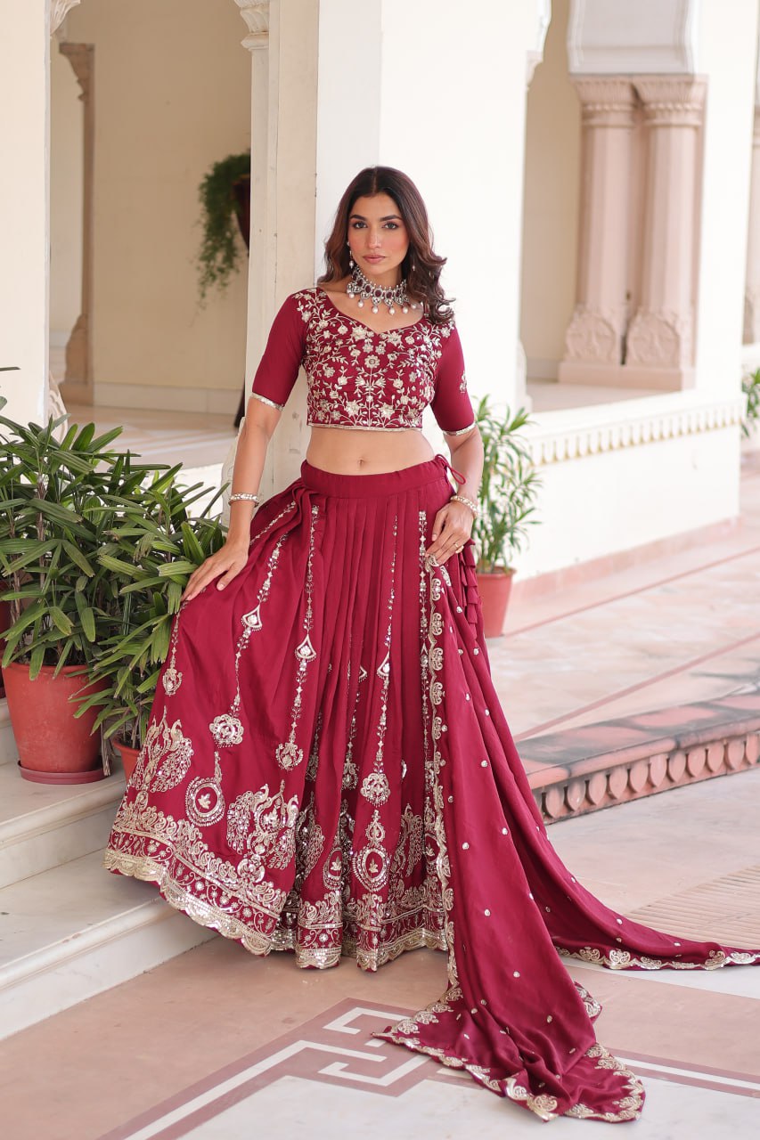 Maroon Elegant Vichitra Silk Full-Stitched Lehenga Choli Set with Heavy Sequins & Thread Embroidery, Unstitched Blouse & Designer Embroidered Dupatta ClothsVilla