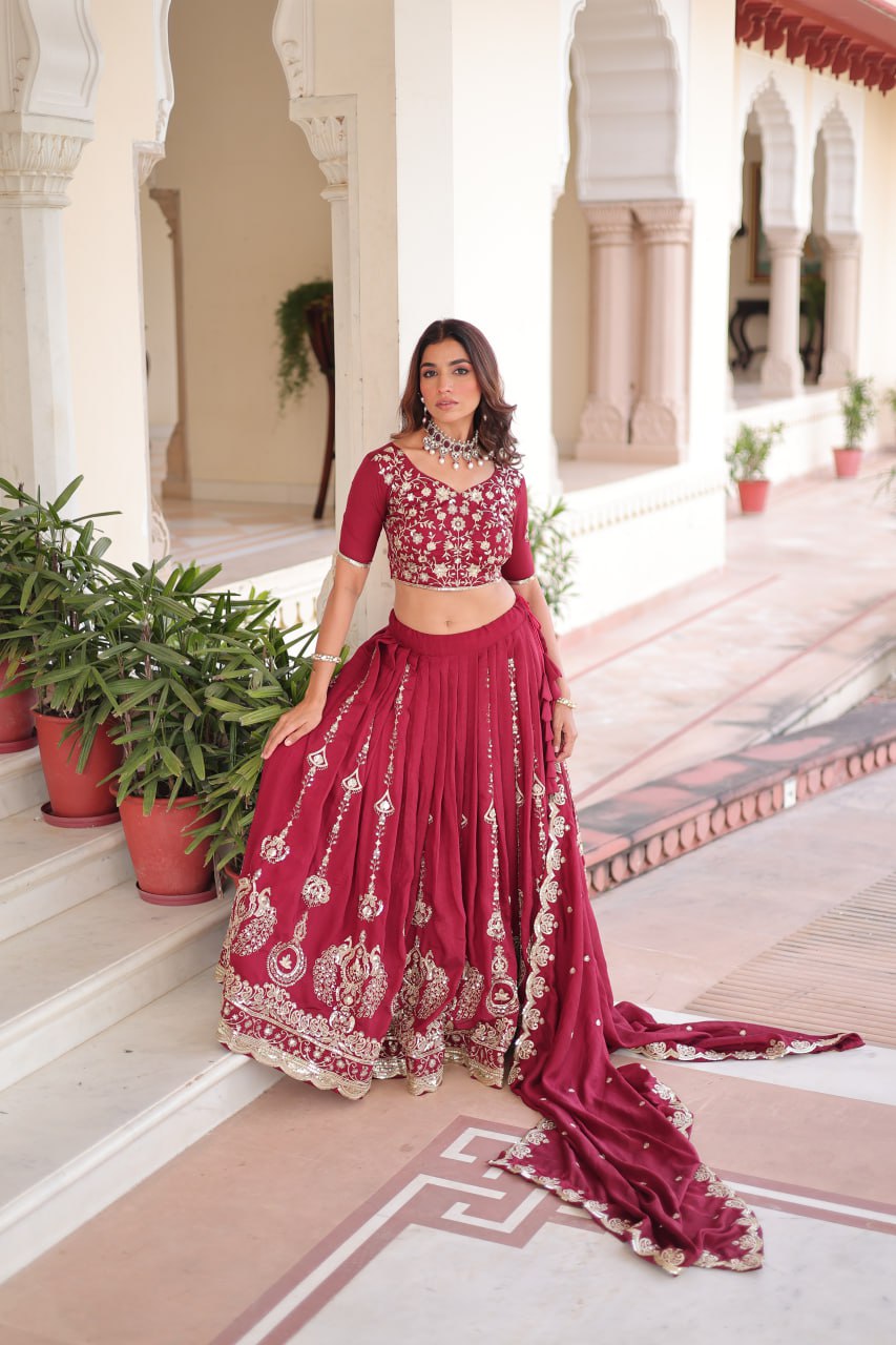 Maroon Elegant Vichitra Silk Full-Stitched Lehenga Choli Set with Heavy Sequins & Thread Embroidery, Unstitched Blouse & Designer Embroidered Dupatta ClothsVilla Main image