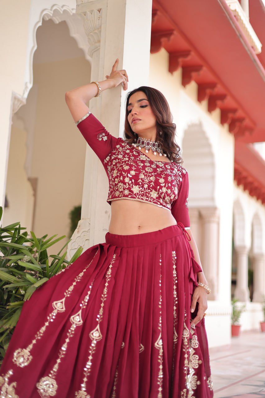 Maroon Elegant Vichitra Silk Full-Stitched Lehenga Choli Set with Heavy Sequins & Thread Embroidery, Unstitched Blouse & Designer Embroidered Dupatta ClothsVilla