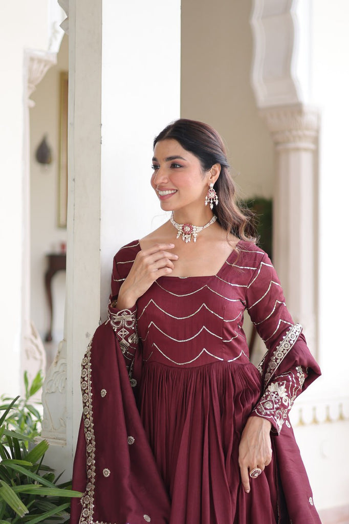 Maroon Elegant Vichitra Silk Sequin Embroidered Gown with Dupatta – Designer Full-Sleeve Square Neck Gown with Cotton Lining & 3-Meter Flair ClothsVilla