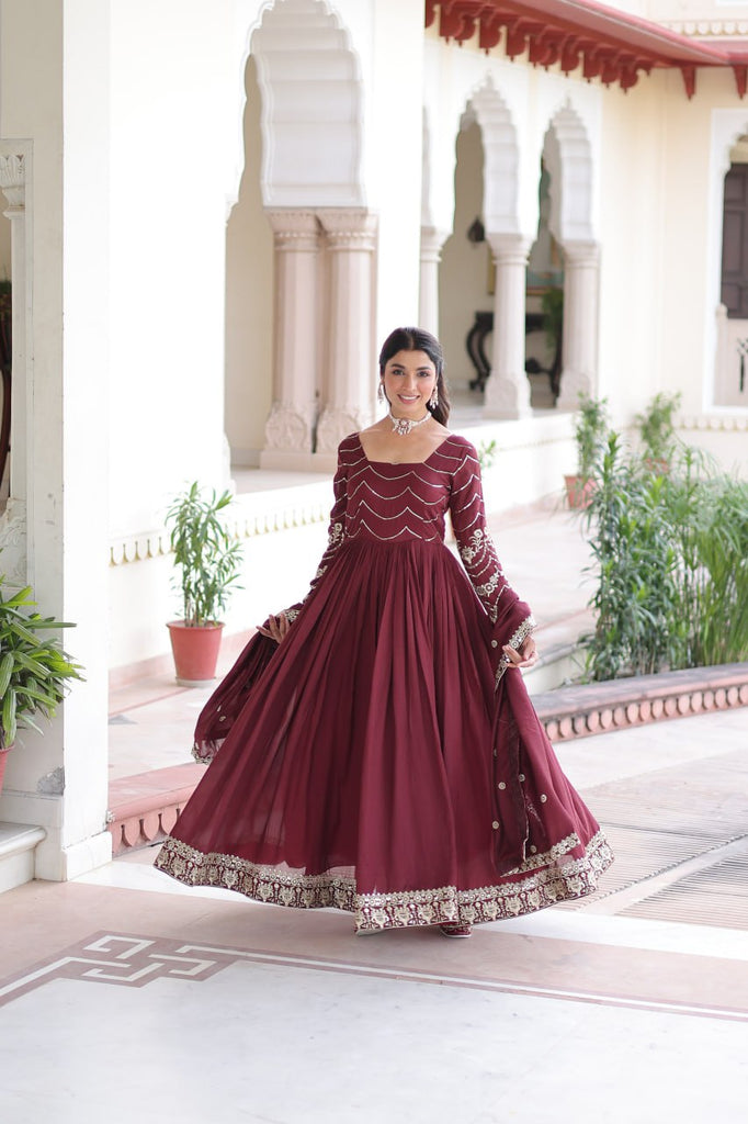 Maroon Elegant Vichitra Silk Sequin Embroidered Gown with Dupatta – Designer Full-Sleeve Square Neck Gown with Cotton Lining & 3-Meter Flair ClothsVilla